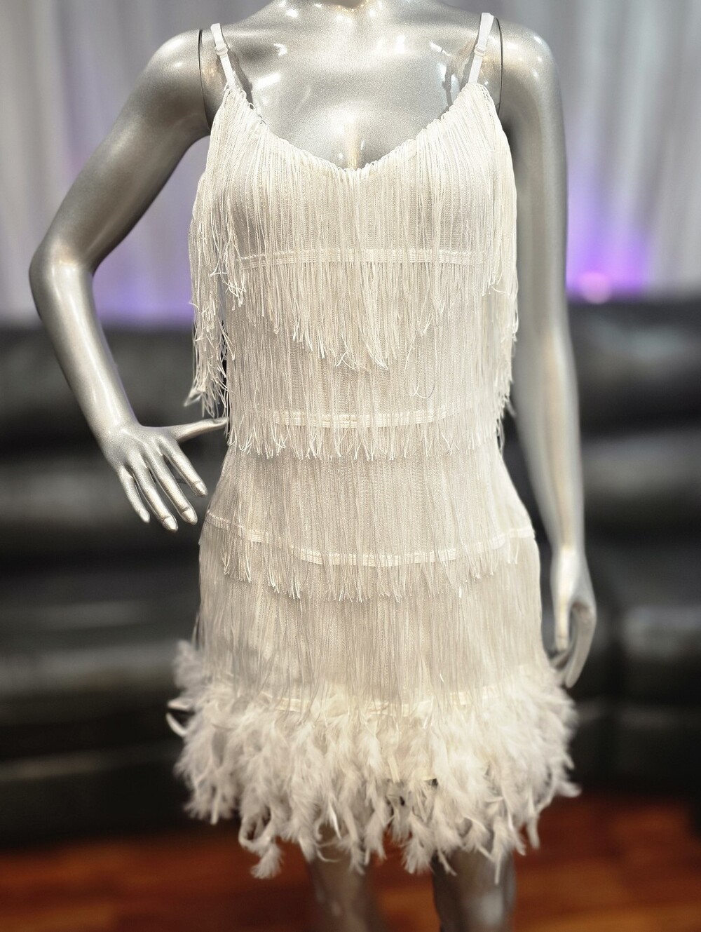 Flapper Fringe Dress MEDIUM feather Hem Mini White Great Gatsby Roaring 20s Jazz
